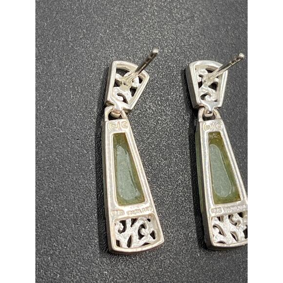 SU Sterling Silver Filigree Chinese Rectangular Jadeite Dangle Drop Earrings - Picture 5 of 8